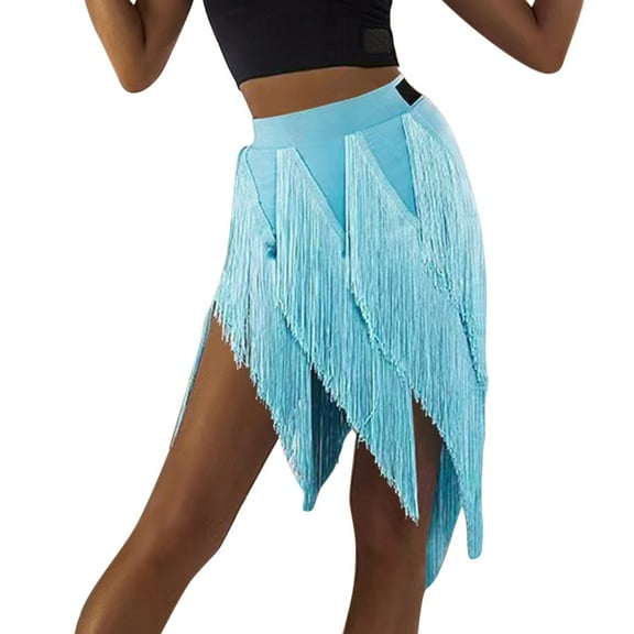 Riforla Latin Dance Skirt Women's 2025 New Spell Multi Layer Tassel Skirt National Standard Practice Women's Skirts Blue M