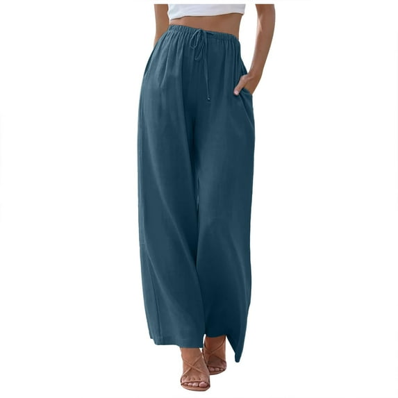 Ediodpoh Womens Pants Linen High Waisted Wide Leg Palazzo Casual Summer Drawstring Beach Trousers Blue L