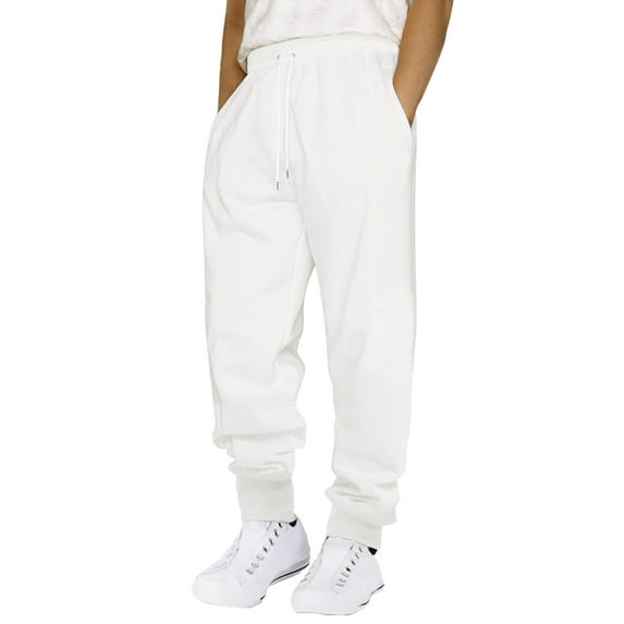 Riforla Male Casual Fitness Running Trousers Drawstring Loose Waist Solid Color Pants Pocket Loose Sweatpants White XXL