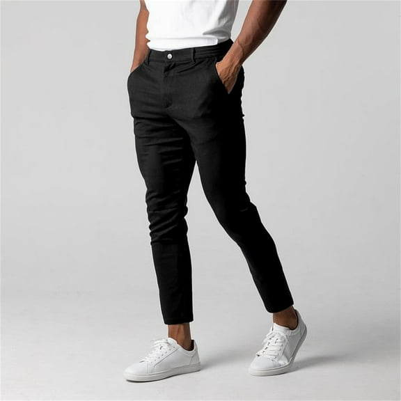 Riforla Male Dress Active Waistband Stretch Pants Men's Casual Pants Breathable High Elastic Business Versatile Cotton Pants Slim Small Leg Pant Black M