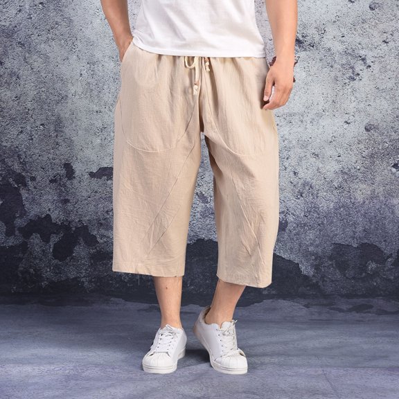 Riforla Men Baggy Wide Leg Pants Hanging Crotch Hop Bloomers Calf Length Mid Rise Pockets Trousers WH2 XXXXL