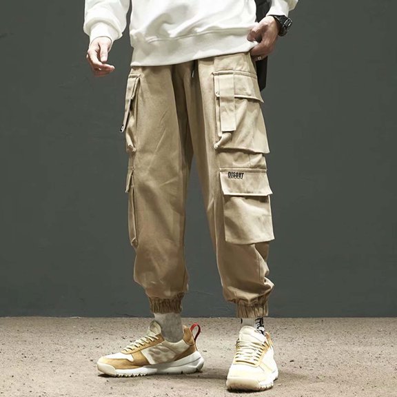 Riforla Men Fashion Sports Casual Pants Elastic Waist Straight Leg Loose Pants Khaki M