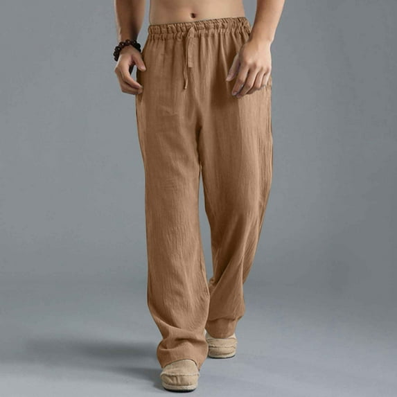 Riforla Men Spring and Summer Pant Casual All Solid Color Painting Cotton Loose Plus Size Trouser Fashion Beach Pockets Pant Rose Gold S