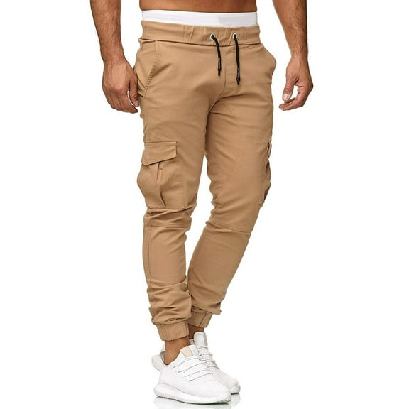Riforla Men Sweatpants Casual Elastic Joggings Sport Solid Baggy Pockets Trousers Khaki M