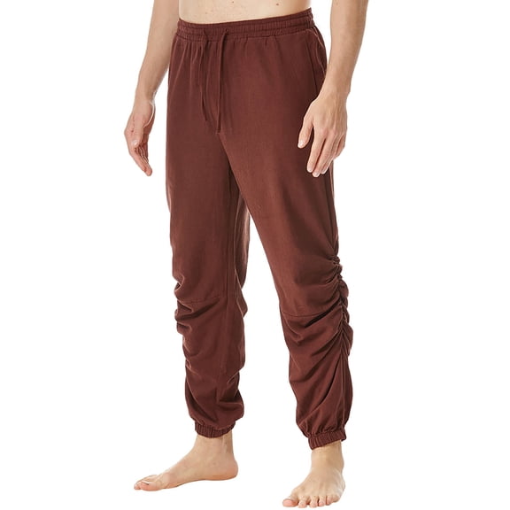 Riforla Men's Casual Cotton Linen Drawstring Elastic Waist Jogger Yoga Pants Men's Pants Coffee L