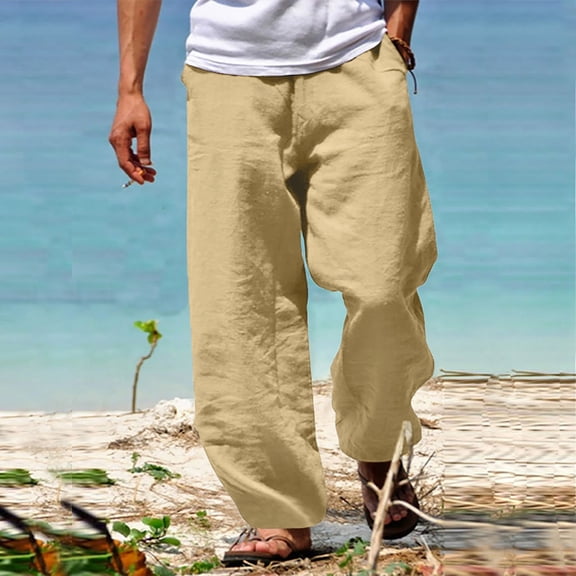 Riforla Men's Cotton Linen Harem Pants Casual Drawstring Elastic Waist Beach Pants Loose Yoga Pants Khaki XL