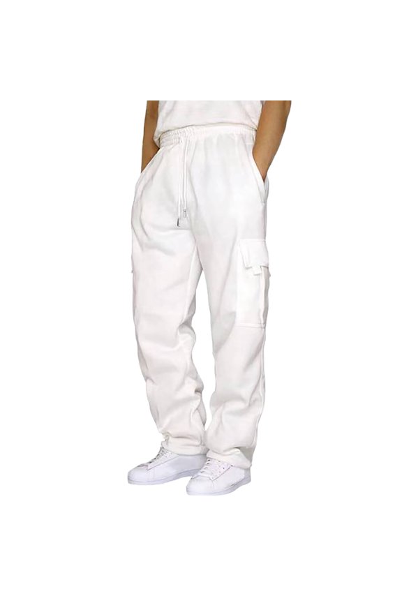 Riforla Men's Fitness Running Pants Lace up Loose Waist Wide Foot Solid Color Pocket Loose Wool Sweatpants Mens Pants Casual White XXL