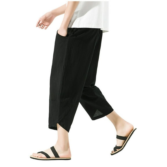 Riforla Men's Linen Harlan Lightweight Elastic Waist Wide Leg Casual Loose Beach Mens Casual Pants Black XXXL