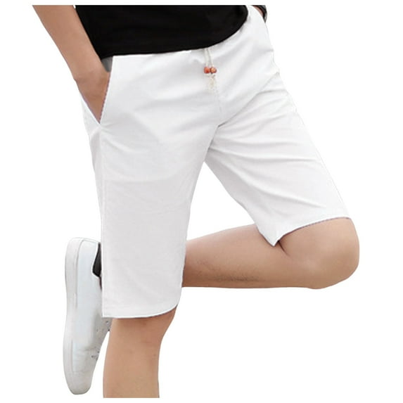 Riforla Men's Linen Shorts Casual Elastic Waist Drawstring Summer Beach Shorts Classic Fit Men's Pants White XXXXL
