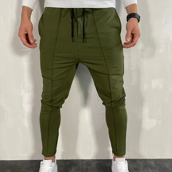 Riforla Men's Zipper Casual Thin Sports Breathable No Elasticity Trousers Pockets Pants Green M