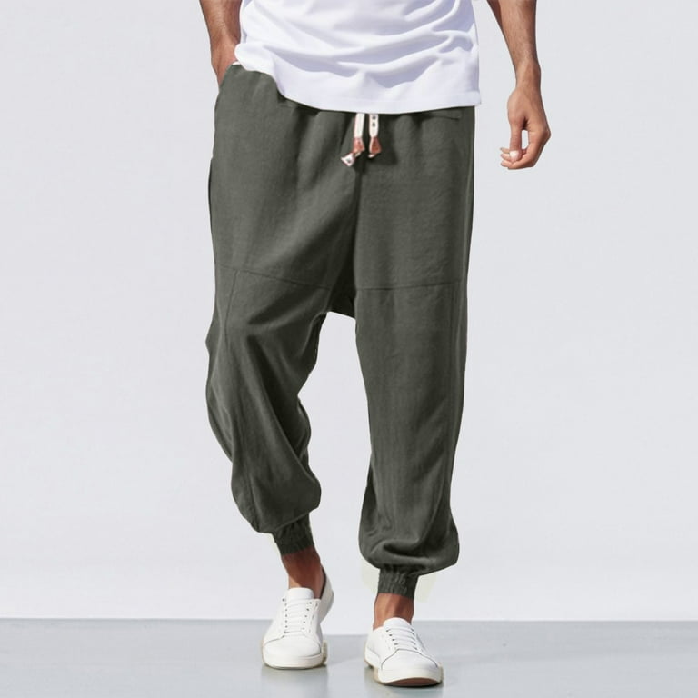 Riforla Mens Casual Leggings Japanese Retro Style Loose Solid Color Pants Grey XXXL
