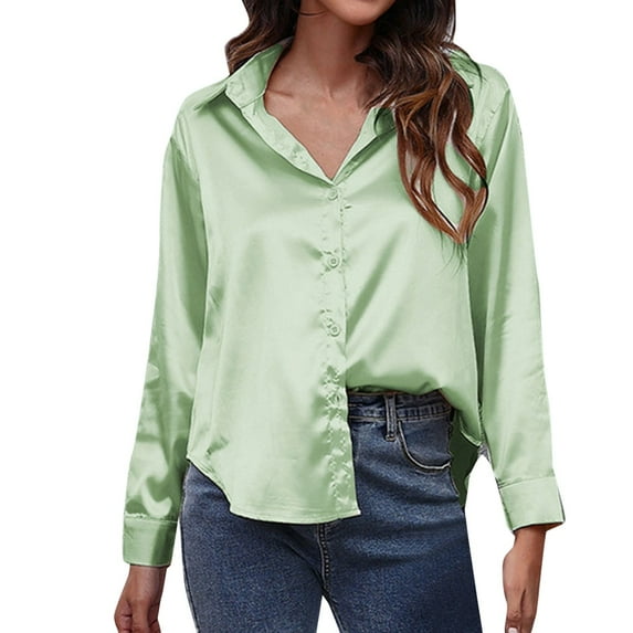 Riforla Satin Shirt Women's Satin Imitation Silk Long Sleeved Shirt European and American Foreign Trade Border Women's Clothing Blouses for Women GN2 M