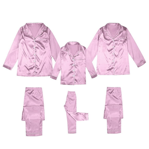 Riforla Satin Silk Button Down Pajamas PJ's Sets Solid Two Piece Family Matching Sleepwear Loungewear Long Sleeve Silk Nightwear for Women Pink XXL