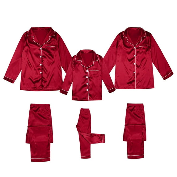 Riforla Satin Silk Button Down Pajamas PJ's Sets Solid Two Piece Family Matching Sleepwear Loungewear Long Sleeve Silk Nightwear for Women Red XL