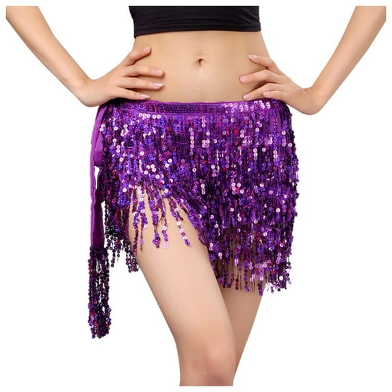 Ediodpoh Carnival Sequins Skirt Sequin Fringe Women's Nightclub Stage Fashion Four Layer Belly Dance Waist Chain Skirt Women's Skirts Dark Purple One Size
