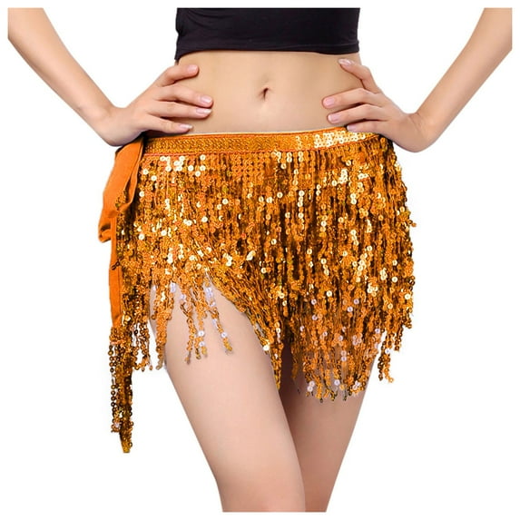 Ediodpoh Carnival Sequins Skirt Sequin Fringe Women's Nightclub Stage Fashion Four Layer Belly Dance Waist Chain Skirt Women's Skirts Orange One Size