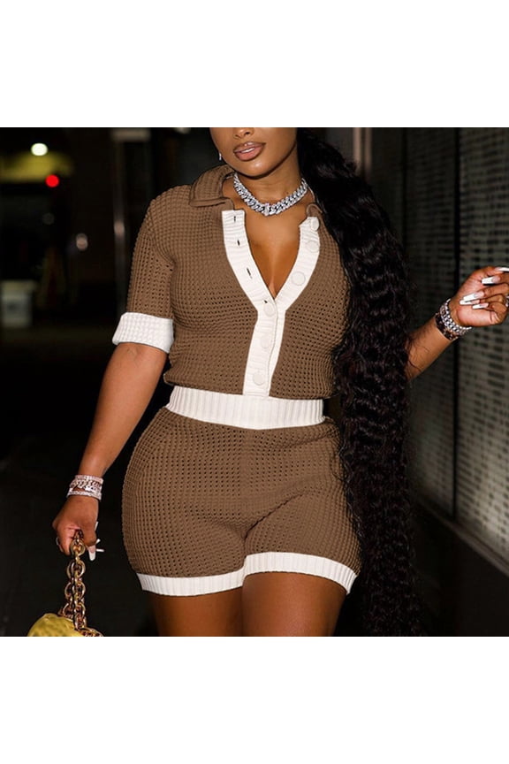 Riforla Shorts Set for Women Knit Color Block Button Down Shirt and High Waist Shorts Tracksuits Jumpsuits Sets for Women 2 Pieces Brown S