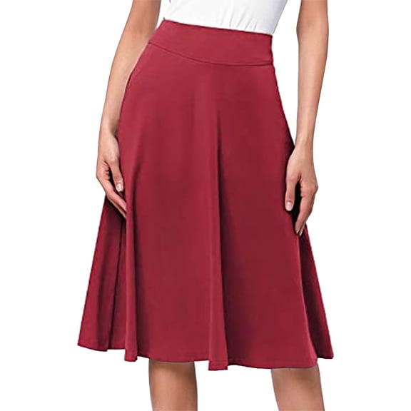 Riforla Womens Skirts Comfy Basic Solid Color Stretch A-Line Flared High Waist Knit Skirt Knee Length Skirt Red S