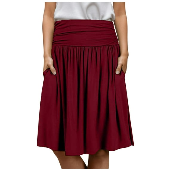 Riforla Skirts for Women Regular and Plus Size Skirt with Pockets Below The Knee Length Ruched Flowy Midi Skirt Women's Skirts Red M
