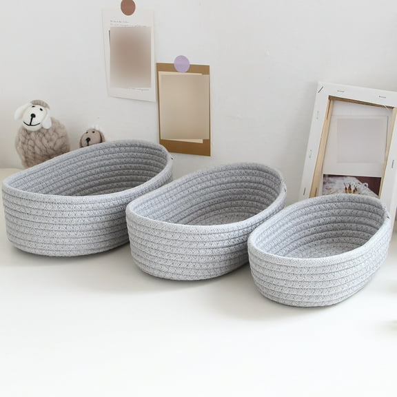 Riforla Small Woven Baskets Empty Tiny Storage Baskets Mini Cotton Rope Baskets Oval Decorative Hampers Grey B