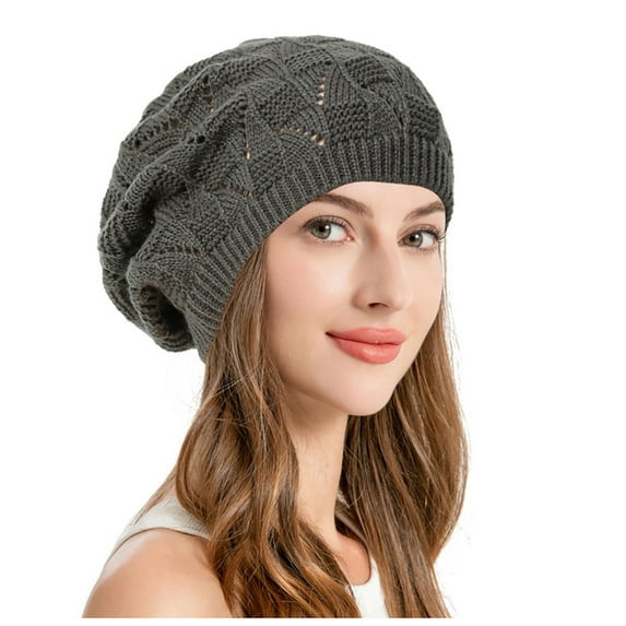 Riforla Soft Knit Airy Cutout Lightweight Slouchy Crochet Beret Hat Berets Hat for Women Grey