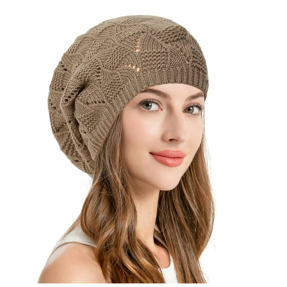 Riforla Soft Knit Airy Cutout Lightweight Slouchy Crochet Beret Hat Berets Hat for Women Khaki