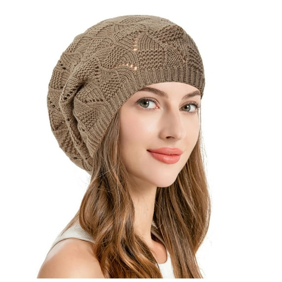 Riforla Soft Knit Airy Cutout Lightweight Slouchy Crochet Beret Hat Berets Hat for Women Khaki