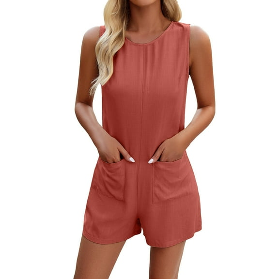 Riforla Spring/summer Casual Solid Color Sleeveless Jumpsuit Shorts Jumpsuits for Women Brown S