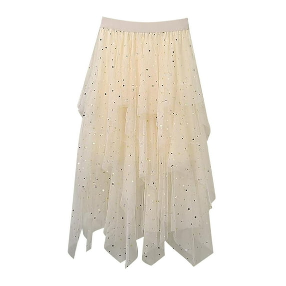 Ediodpoh Sequin Skirt for Women Star Tutu High Low Sparkly Layered Elastic Waist A Line Long Sequin Skirt Long Skirts for Women Beige M