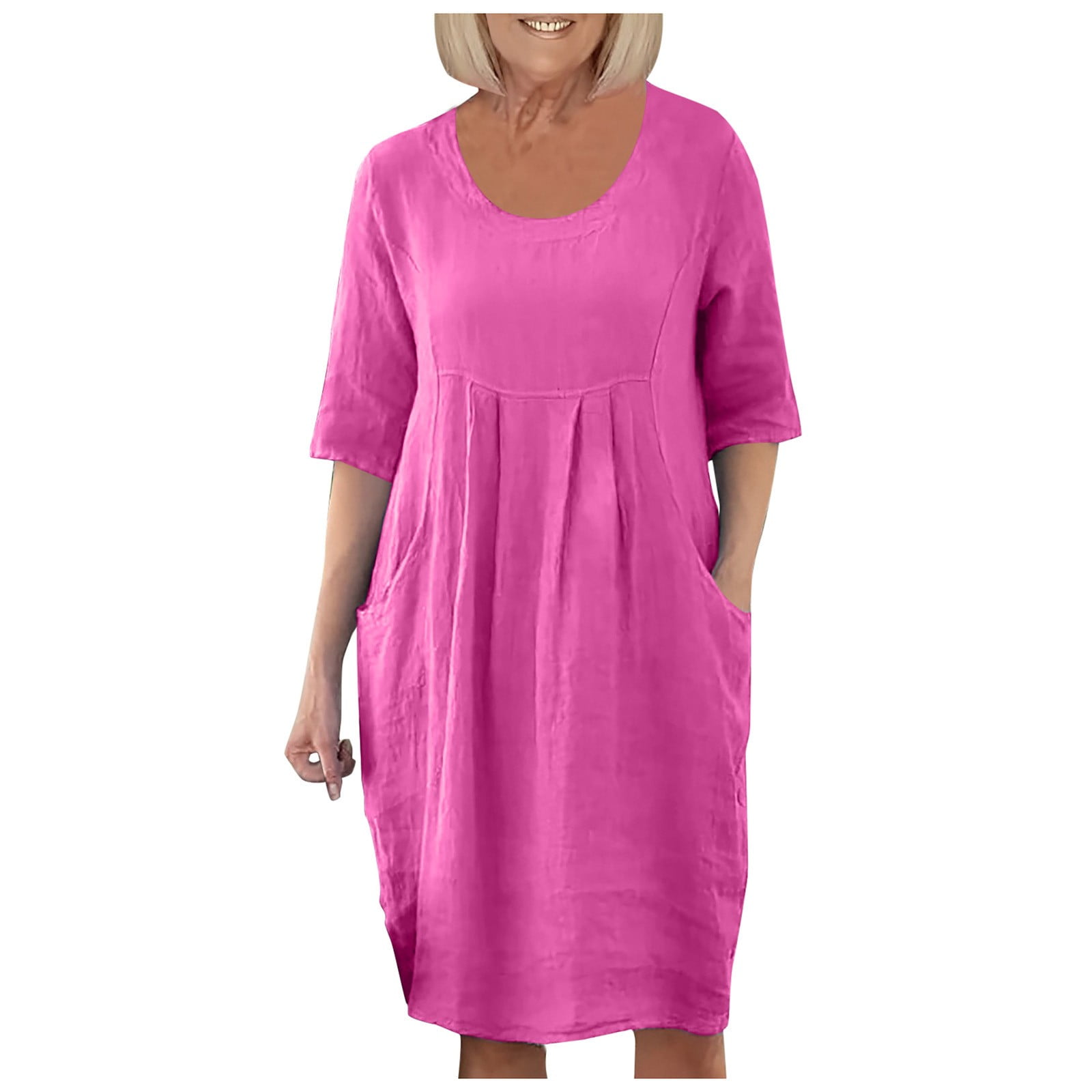 Riforla Summer Dresses for Women Solid Color Cotton Linen Pockets Tunic  Midi Dress Frame Dress Hot Pink M