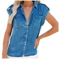 thumbnail image 1 of Riforla Summer Pure Color Retro Women's Short Sleeve Denim Shirt Womens Tops Blue XL, 1 of 9