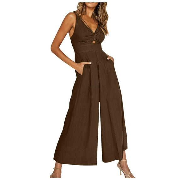 Riforla Summer Sling V Neck Hollow Pleated High Waist Wide Leg Ladies Jumpsuit Casual Jumpsuits for Women Summer Brown XXL