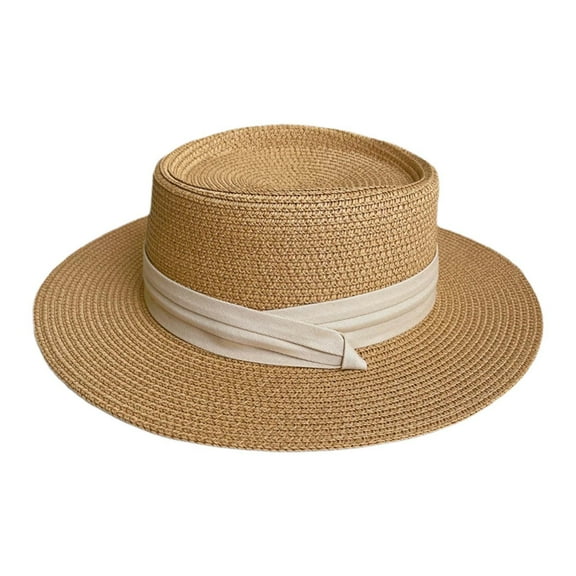 Riforla Summer Women's Wide Brim Straw Hat French Style Panama Sun Hat for Beach Vacation Sunshade Beach Hat Bomber Hats Khaki