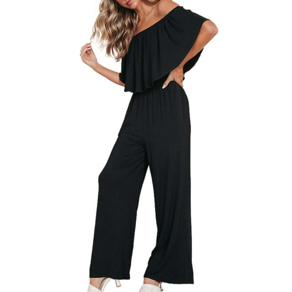 Riforla Summer and Spring Women's One Line Shoulder Fashion Temperament off The Shoulder Jumpsuit Jumpsuits for Women Black M