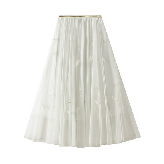 Riforla Super Fairy Skirt A Line Skirt Mid Length Swing Skirt Women's Spring High Waist Feather Puff Skirt Skirts for Women Trendy White One Size