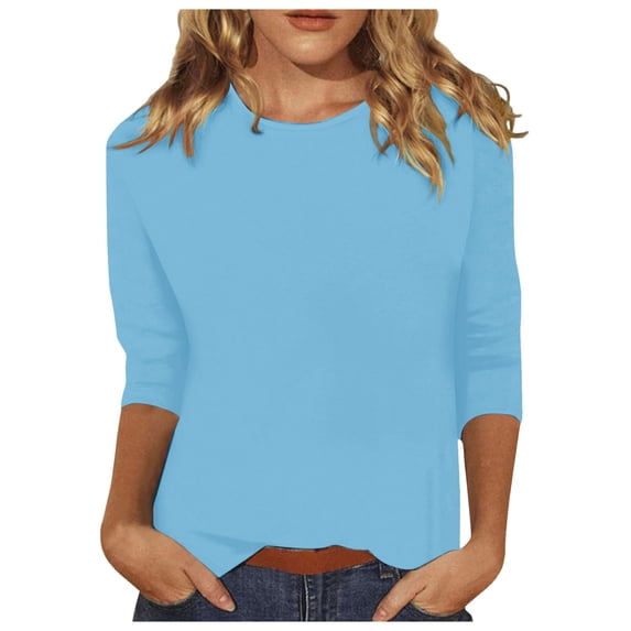 Fgnfyis T Shirts for Women 3/4 Length Sleeve Womens Tops Casual Loose Fit Crewneck T Shirts Cute Solid Three Quarter Length Tunic Tops Womens Tops Light Blue L