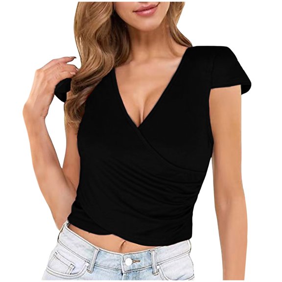 Riforla T-shirts for Women Deep V Neck Tops for Women Summer Casual Sexy Short Sleeve Slim Fitted Bodycon Wrap Crop Tops T Shirts Black L
