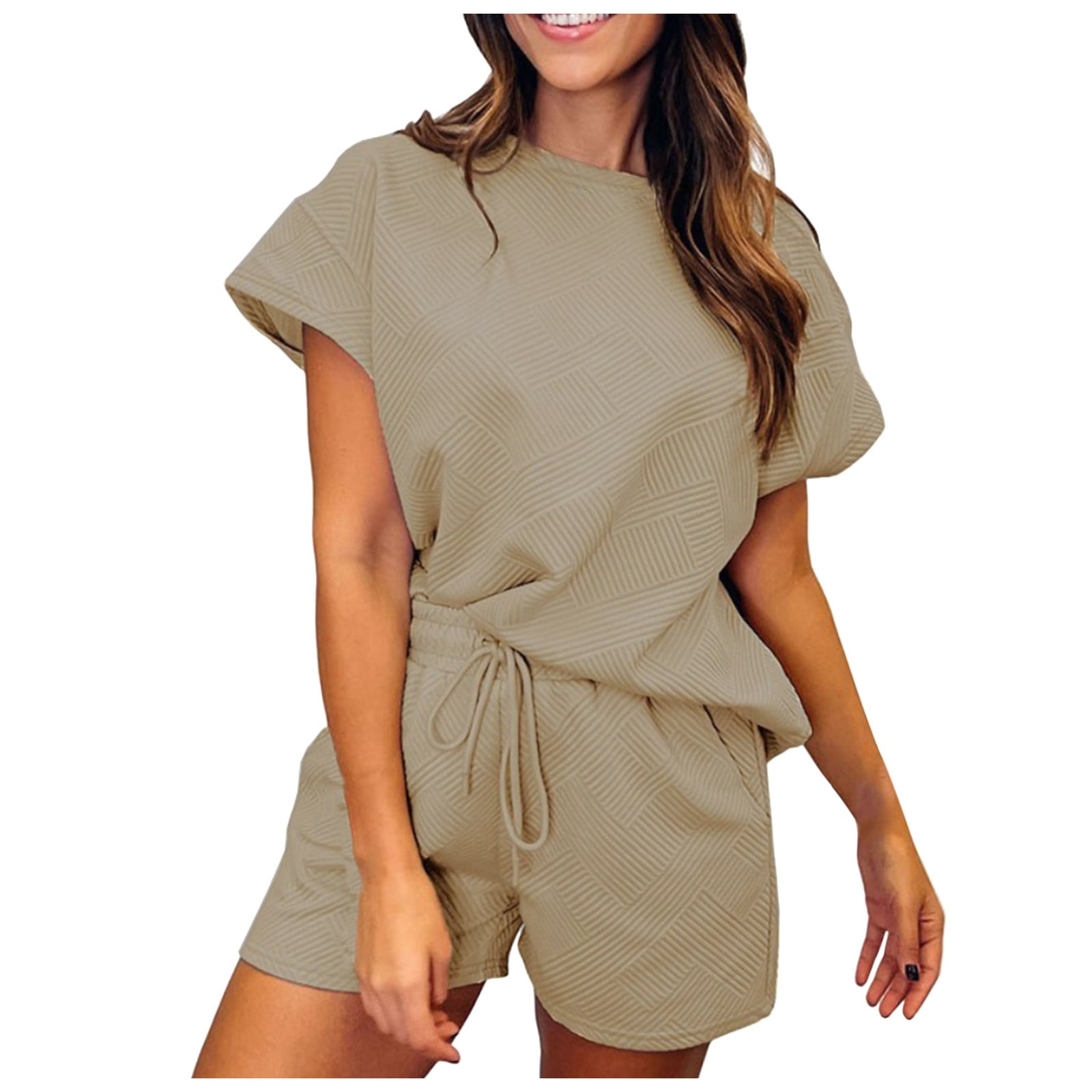 Tankaneo Set Casual Donna 2 Pezzi - T-Shirt Manica Corta E Pantaloncini Con Tasche - Comodo Pigiama Da Salotto Beige - 5