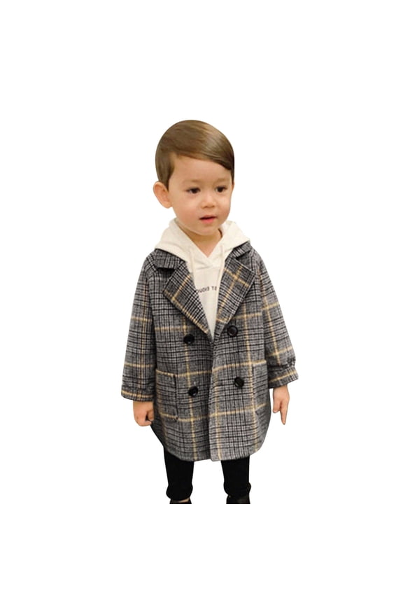 Riforla Toddler Kids Baby Girls Boys Plaid Coat Elegant Notched Collar Double Jacket Wool Coat Trench Coat Grey Plaid 90
