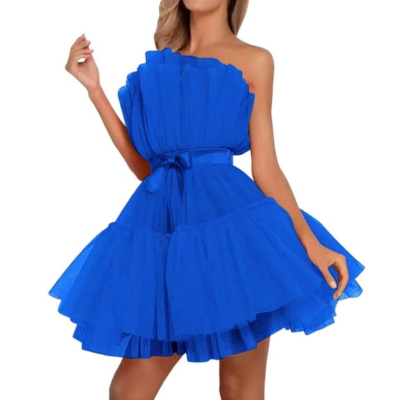 Riforla Tulle Dress Women off Shoulder Short Puffy Prom Dresses Strapless Mesh Birthday Fairy Dress Ruffle Dresses for Women
