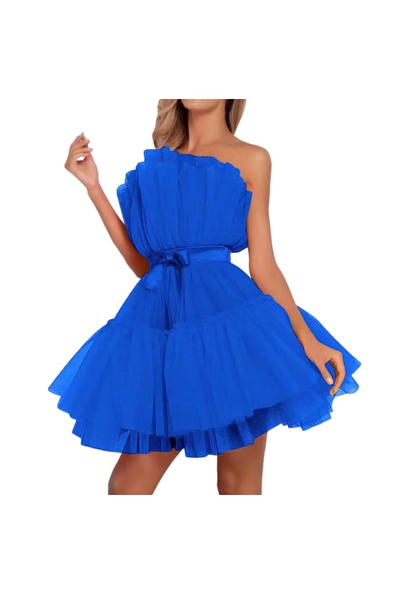 Riforla Tulle Dress Women off Shoulder Short Puffy Prom Dresses Strapless Mesh Birthday Fairy Dress Ruffle Dresses for Women