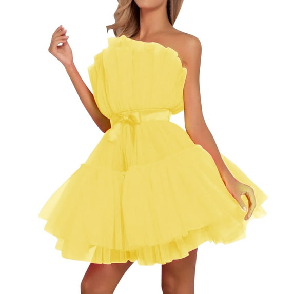 Riforla Tulle Dress Women off Shoulder Short Puffy Prom Dresses Strapless Mesh Birthday Fairy Dress Ruffle Dresses for Women
