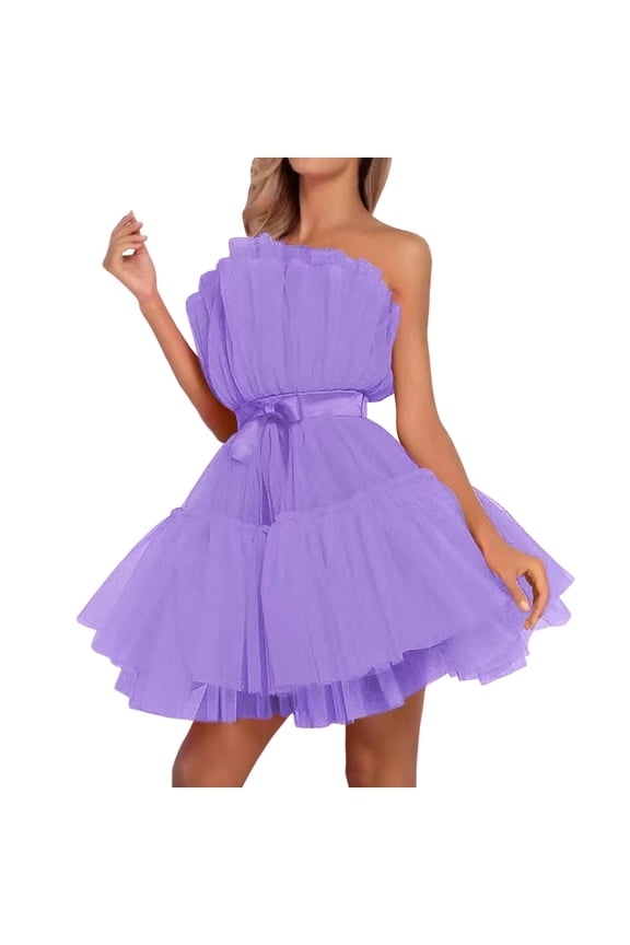 Tulle Dress Women off Shoulder Short Puffy Prom Dresses Strapless Mesh Birthday Fairy Dress Ruffle Dresses for Women