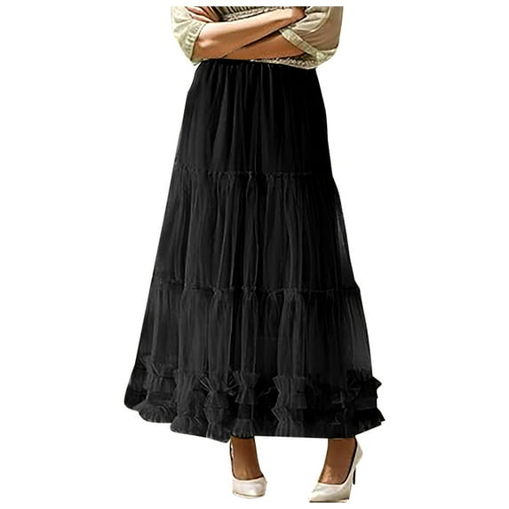 Riforla Tulle Skirts for Women Long Length Tutu Fairy Tiered Skirt A Line Mesh Elastic Waist Skirts Womens Skirts Black One Size