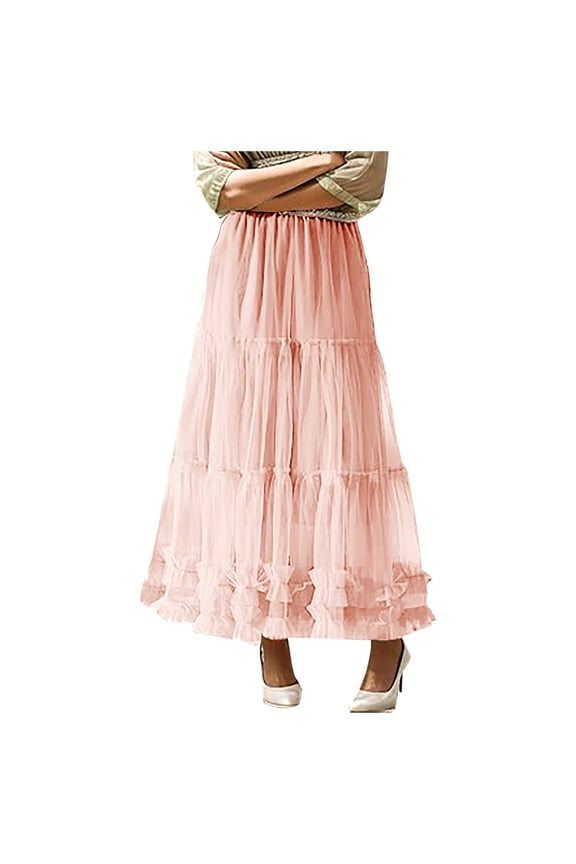 Riforla Tulle Skirts for Women Long Length Tutu Fairy Tiered Skirt A Line Mesh Elastic Waist Skirts Womens Skirts Pink One Size