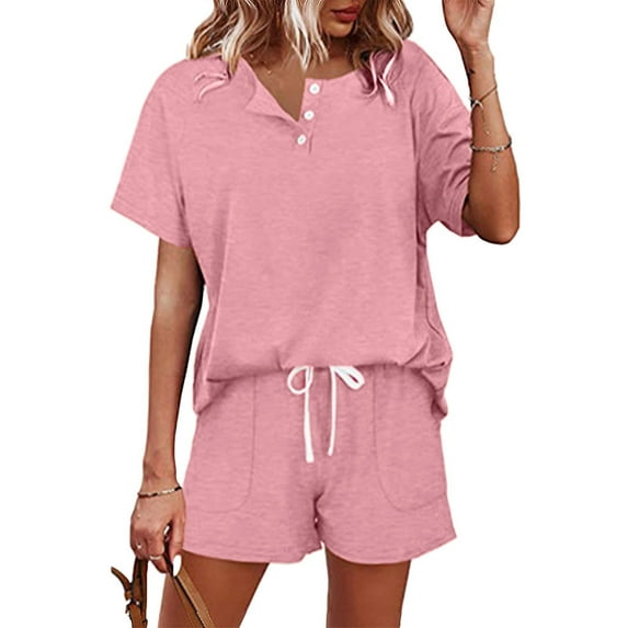 Riforla Two Piece Outfits for Women Shorts Casual Sets Button Down Top and Shorts Set Sweatsuits with Pockets Pink M