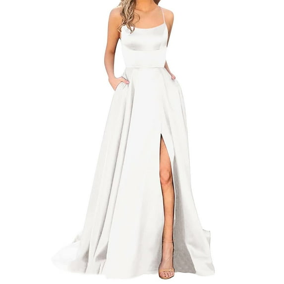 Riforla Wedding Dresses Prom for Women Solid Satin Spaghetti Strap Backless Side Slit Tunic Dress Female Party Evening Long Dress White XXXL