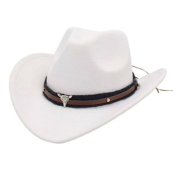 Riforla Western Cowboy Style Hat Jazz Bowler Hat Cow Head Decoration Ethnic Style Hat Cowboy Hats White S
