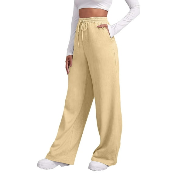 Ediodpoh Wide Leg Sweatpants for Women Elastic High Waisted Drawstring Loose Pants with Pockets Khaki S
