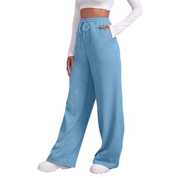 Riforla Wide Leg Sweatpants for Women Elastic High Waisted Drawstring Loose Pants with Pockets Light Blue S